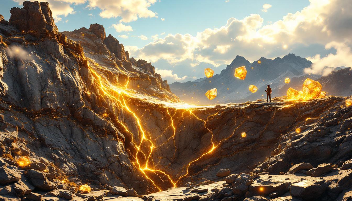 Gold mineralization depicted in mountainous terrain.