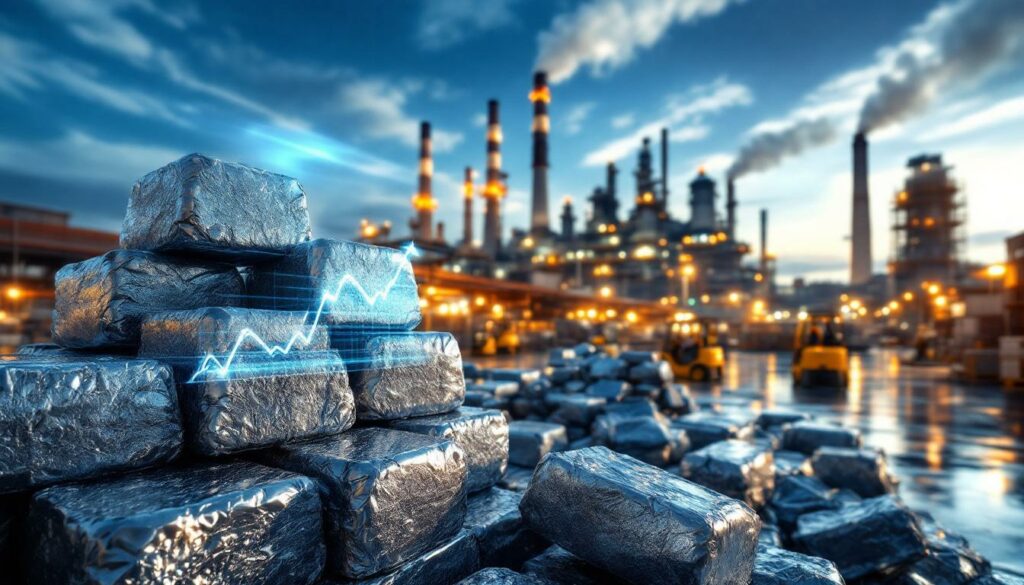 Lead ingots stacked in industrial setting.